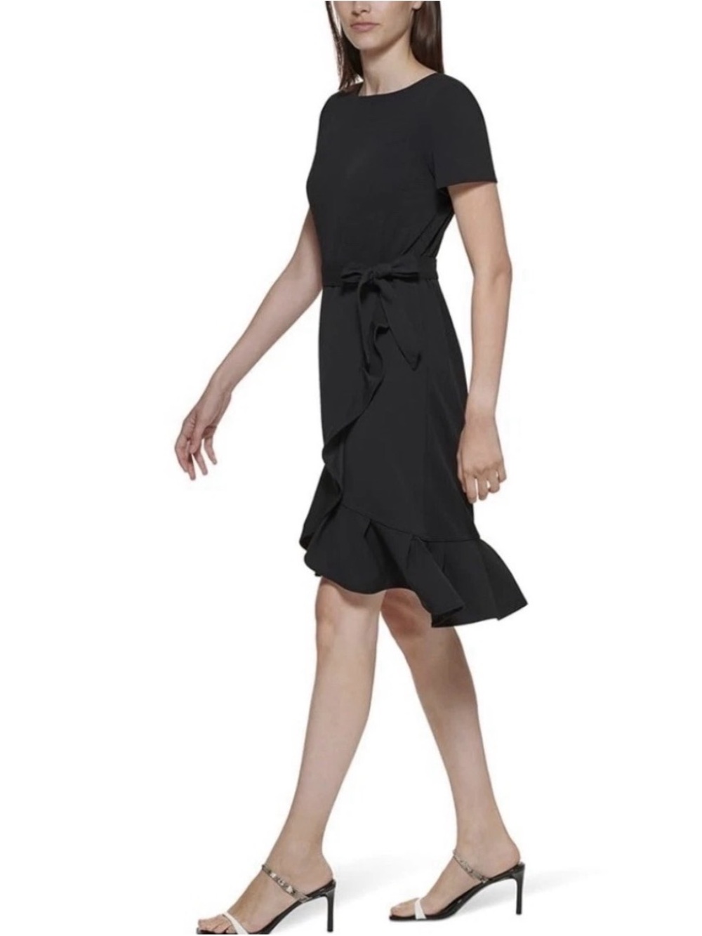Calvin Klein Black Wrap Ruffle Tie-Waist Crepe Dress Size 4